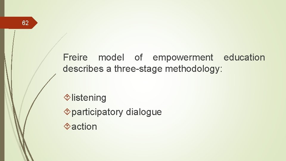 62 Freire model of empowerment education describes a three-stage methodology: listening participatory dialogue action