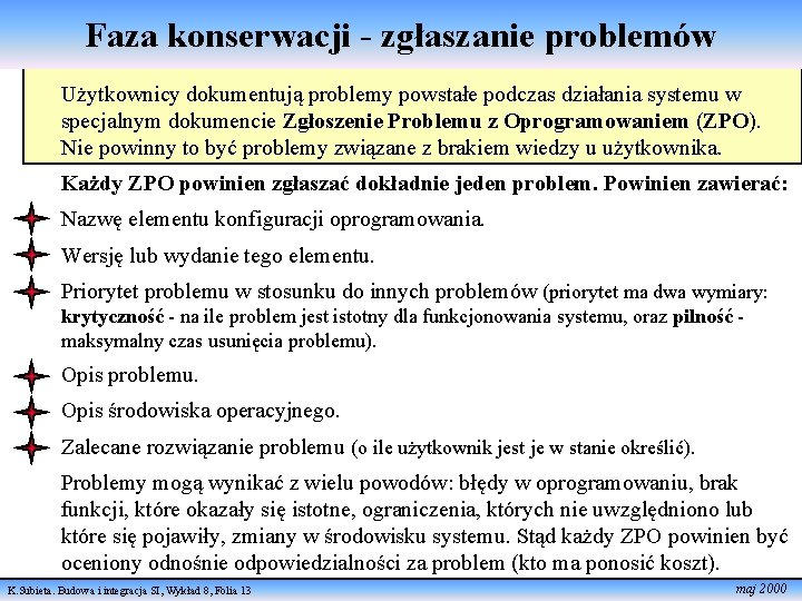 Faza konserwacji - zgłaszanie problemów Użytkownicy dokumentują problemy powstałe podczas działania systemu w specjalnym