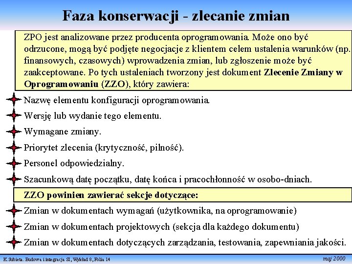 Faza konserwacji - zlecanie zmian ZPO jest analizowane przez producenta oprogramowania. Może ono być