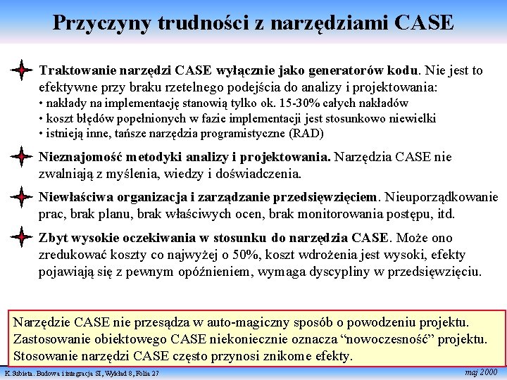 Przyczyny trudności z narzędziami CASE Traktowanie narzędzi CASE wyłącznie jako generatorów kodu. Nie jest