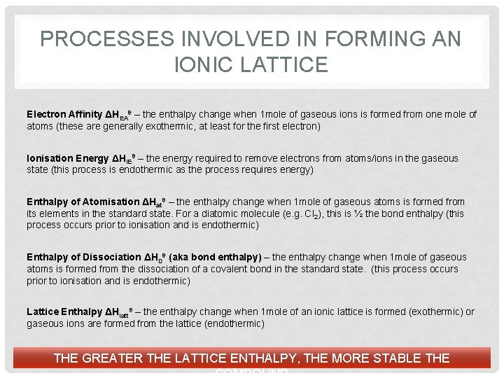 PROCESSES INVOLVED IN FORMING AN IONIC LATTICE Electron Affinity ΔHEAθ – the enthalpy change