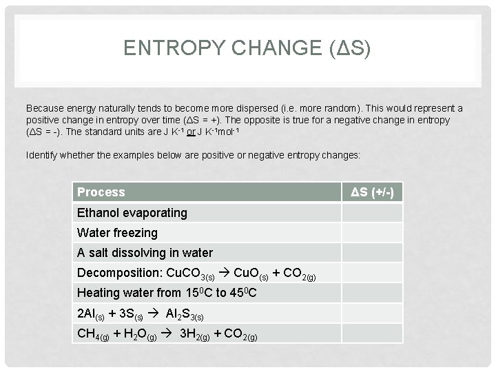 ENTROPY CHANGE (ΔS) Because energy naturally tends to become more dispersed (i. e. more