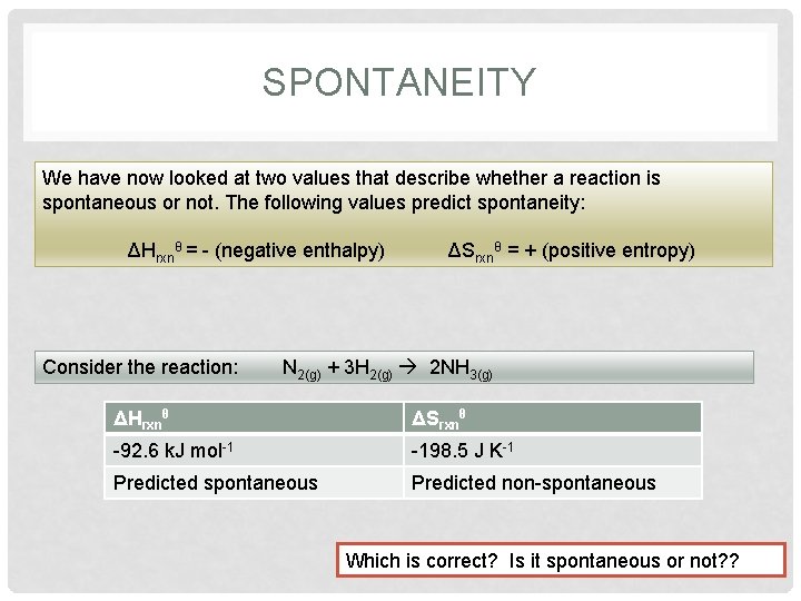 SPONTANEITY We have now looked at two values that describe whether a reaction is