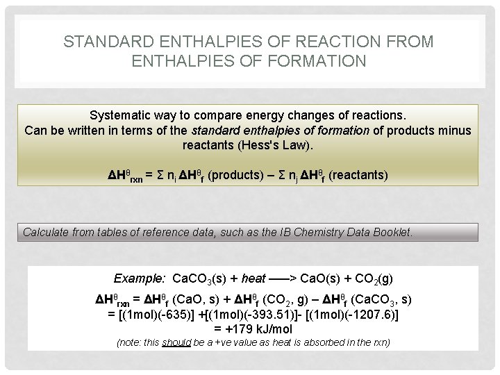 STANDARD ENTHALPIES OF REACTION FROM ENTHALPIES OF FORMATION Systematic way to compare energy changes