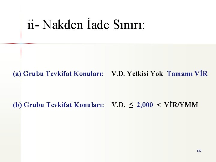 ii- Nakden İade Sınırı: (a) Grubu Tevkifat Konuları: V. D. Yetkisi Yok Tamamı VİR