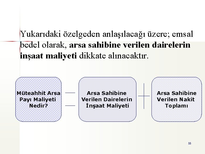 Yukarıdaki özelgeden anlaşılacağı üzere; emsal bedel olarak, arsa sahibine verilen dairelerin inşaat maliyeti dikkate