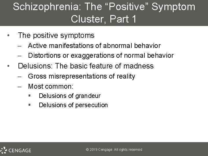 Schizophrenia: The “Positive” Symptom Cluster, Part 1 • The positive symptoms – Active manifestations