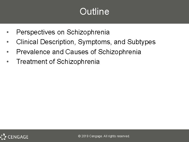 Outline • • Perspectives on Schizophrenia Clinical Description, Symptoms, and Subtypes Prevalence and Causes