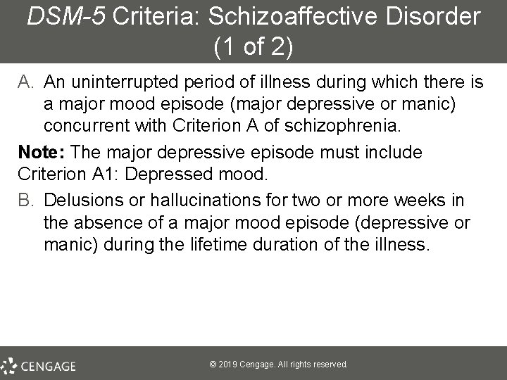 DSM-5 Criteria: Schizoaffective Disorder (1 of 2) A. An uninterrupted period of illness during