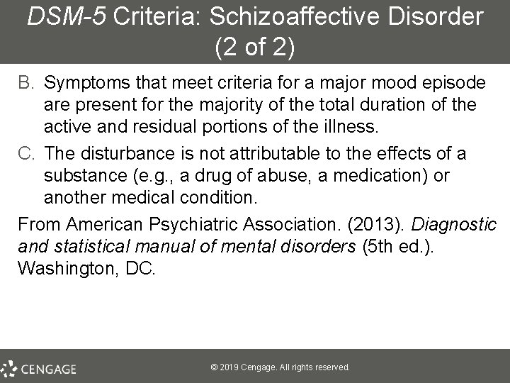 DSM-5 Criteria: Schizoaffective Disorder (2 of 2) B. Symptoms that meet criteria for a