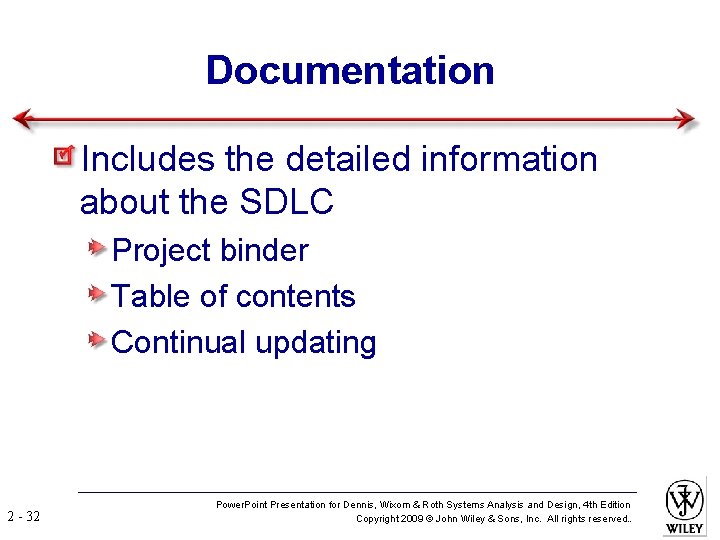 Documentation Includes the detailed information about the SDLC Project binder Table of contents Continual