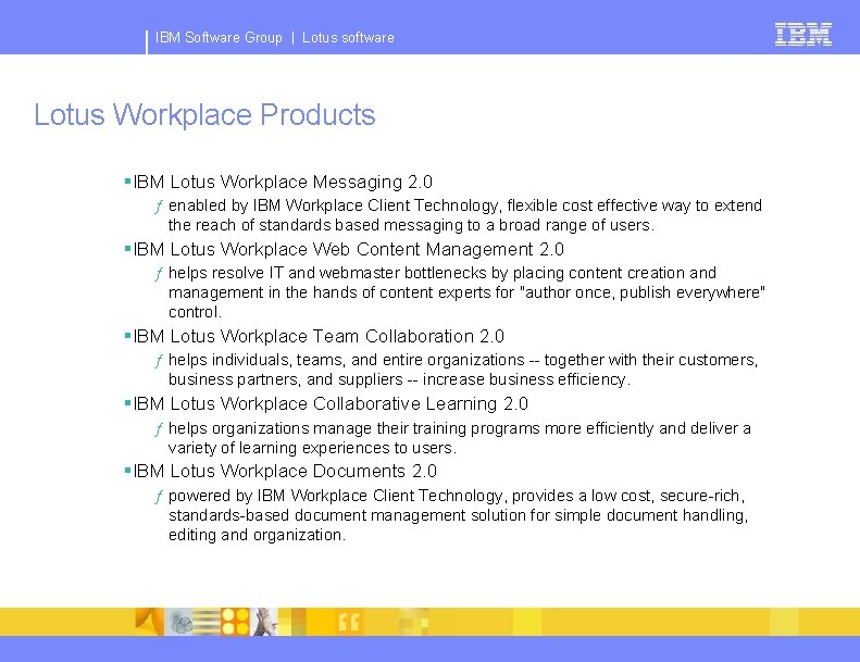 IBM Software Group | Lotus software Lotus Workplace Products §IBM Lotus Workplace Messaging 2.