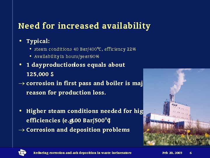 Need for increased availability • Typical: • steam conditions 40 Bar/400°C, efficiency 22% •
