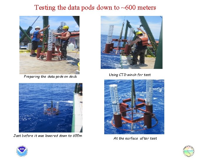 Testing the data pods down to ~600 meters Preparing the data pods on deck