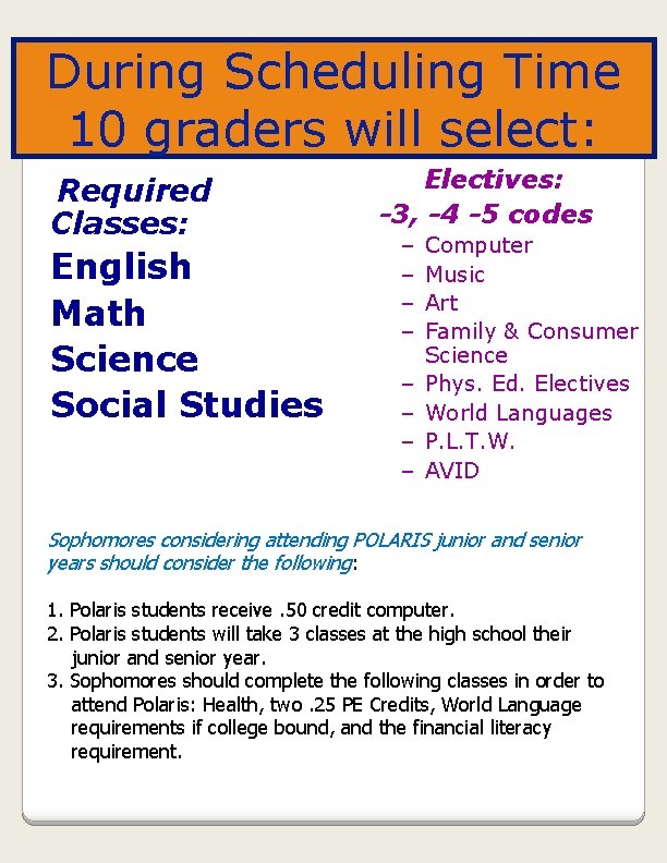 During Scheduling Time 10 graders will select: Required Classes: English Math Science Social Studies