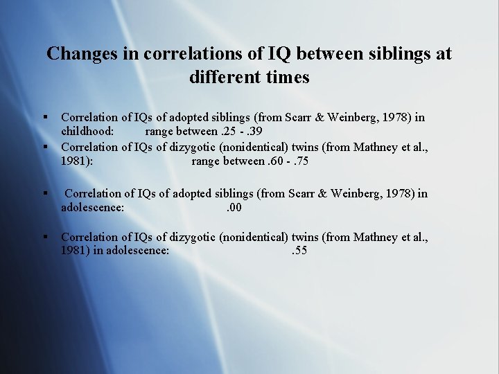 Changes in correlations of IQ between siblings at different times § § Correlation of