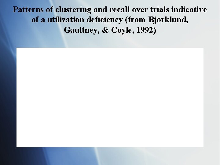 Patterns of clustering and recall over trials indicative of a utilization deficiency (from Bjorklund,