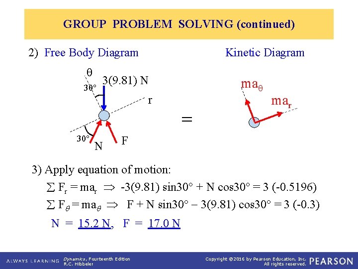 GROUP PROBLEM SOLVING (continued) 2) Free Body Diagram 30 Kinetic Diagram 3(9. 81) N