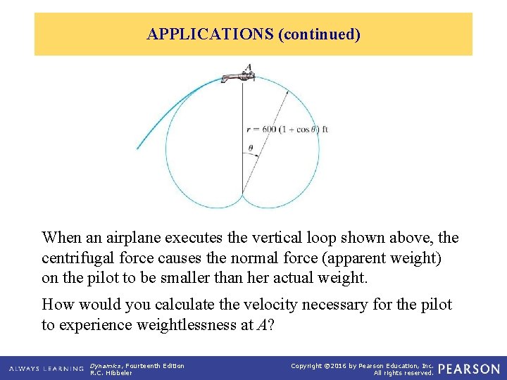 APPLICATIONS (continued) When an airplane executes the vertical loop shown above, the centrifugal force