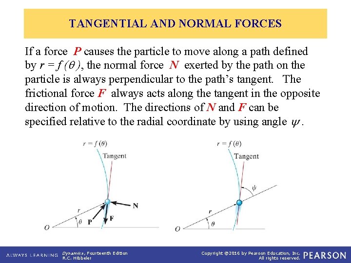 TANGENTIAL AND NORMAL FORCES If a force P causes the particle to move along