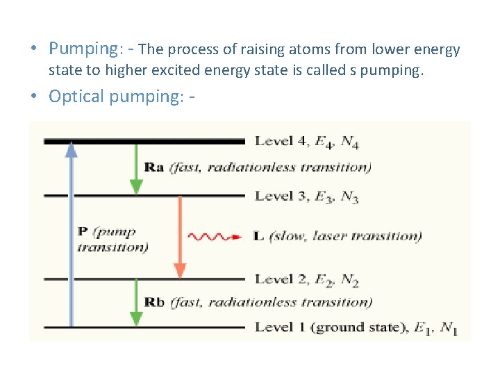  • Pumping: - The process of raising atoms from lower energy state to