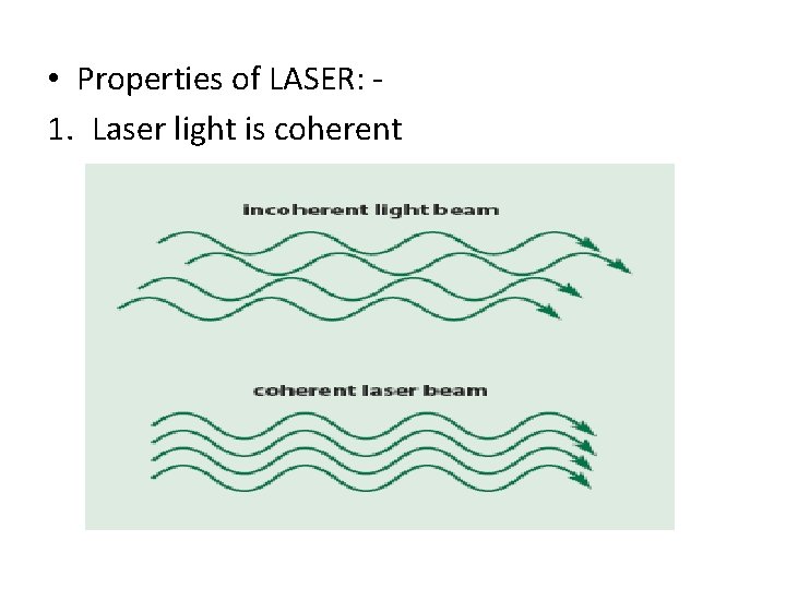  • Properties of LASER: 1. Laser light is coherent 