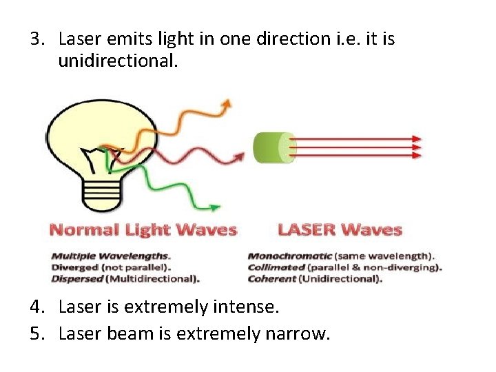 3. Laser emits light in one direction i. e. it is unidirectional. 4. Laser