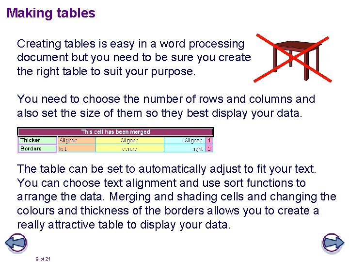 Making tables Creating tables is easy in a word processing document but you need
