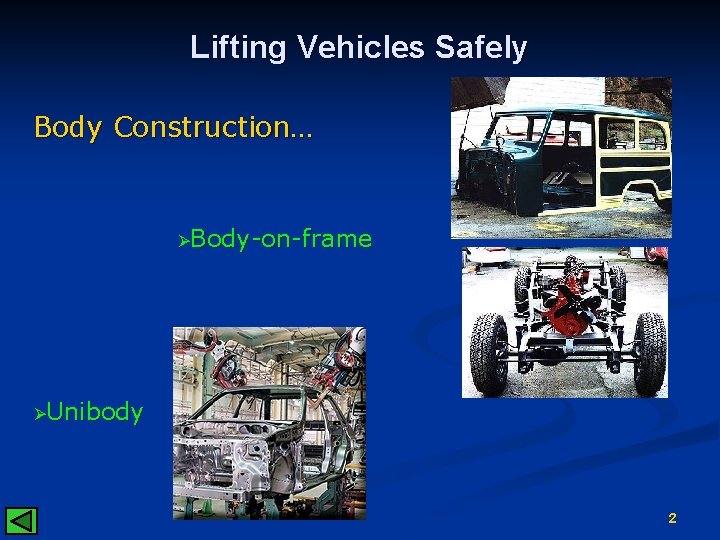 Lifting Vehicles Safely Body Construction… ØBody-on-frame ØUnibody 2 