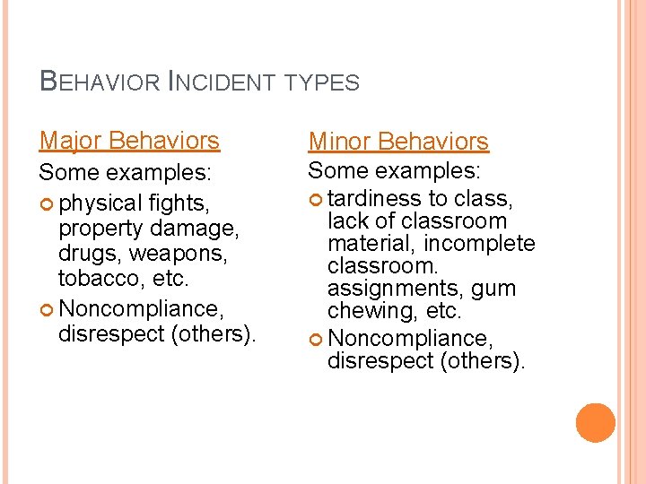 BEHAVIOR INCIDENT TYPES Major Behaviors Minor Behaviors Some examples: physical fights, property damage, drugs,