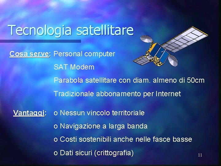 Tecnologia satellitare Cosa serve: Personal computer SAT Modem Parabola satellitare con diam. almeno di