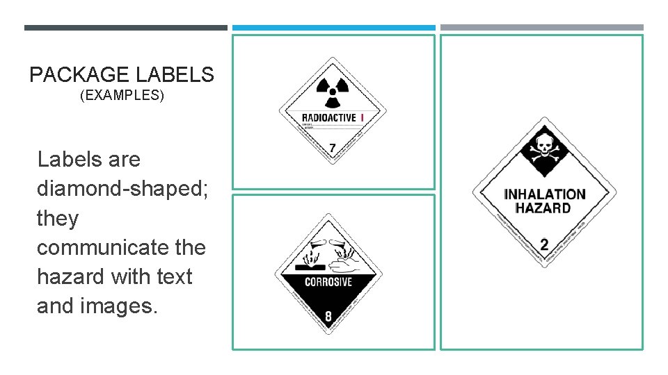 PACKAGE LABELS (EXAMPLES) Labels are diamond-shaped; they communicate the hazard with text and images.