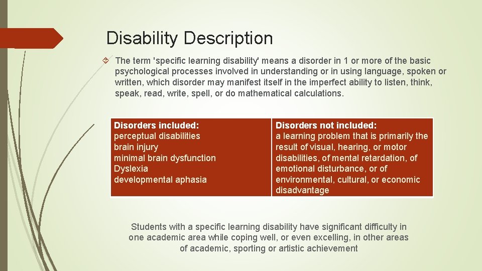 Disability Description The term 'specific learning disability' means a disorder in 1 or more