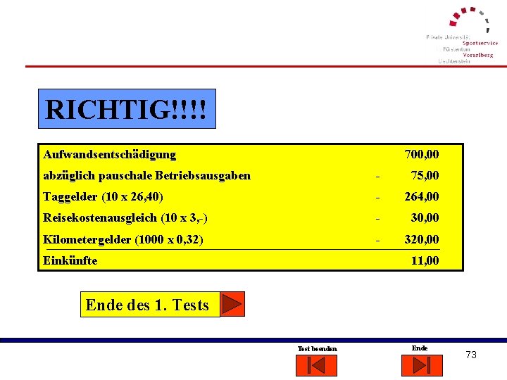 RICHTIG!!!! Aufwandsentschädigung 700, 00 abzüglich pauschale Betriebsausgaben - 75, 00 Taggelder (10 x 26,