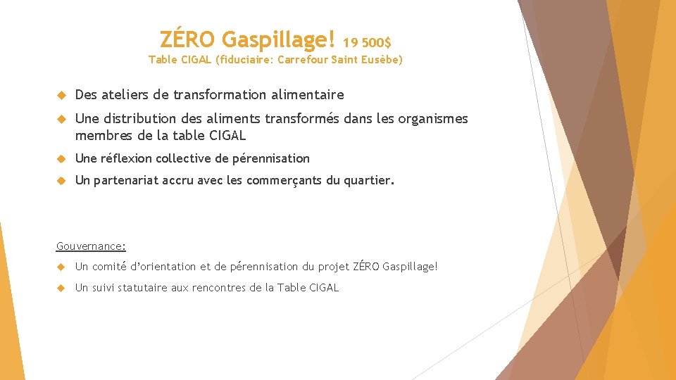ZÉRO Gaspillage! 19 500$ Table CIGAL (fiduciaire: Carrefour Saint Eusèbe) Des ateliers de transformation