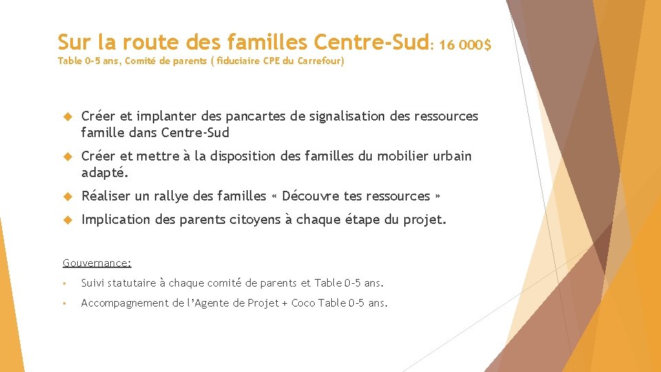 Sur la route des familles Centre-Sud: 16 000$ Table 0 -5 ans, Comité de