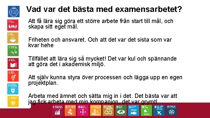 Vad var det bästa med examensarbetet? Att få lära sig göra ett större arbete