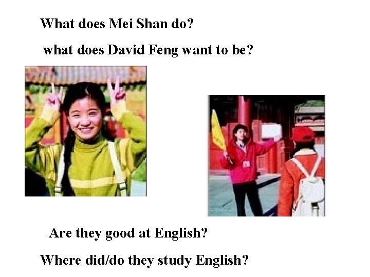 What does Mei Shan do? what does David Feng want to be? Are they