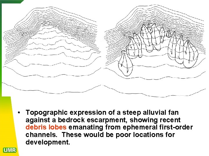  • Topographic expression of a steep alluvial fan against a bedrock escarpment, showing