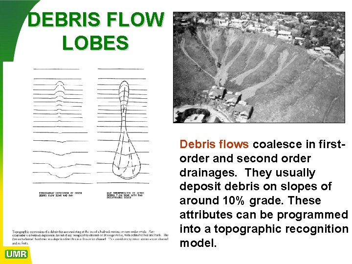 DEBRIS FLOW LOBES Debris flows coalesce in firstorder and second order drainages. They usually