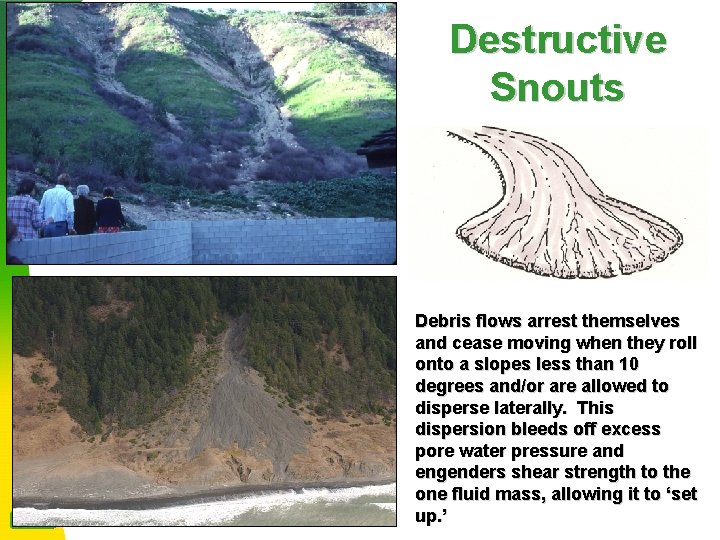 Destructive Snouts Debris flows arrest themselves and cease moving when they roll onto a