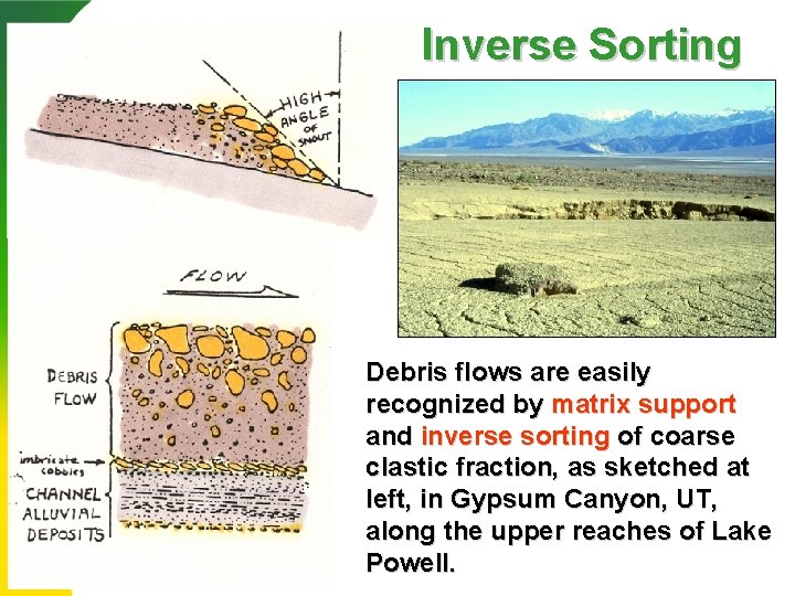 Inverse Sorting Debris flows are easily recognized by matrix support and inverse sorting of