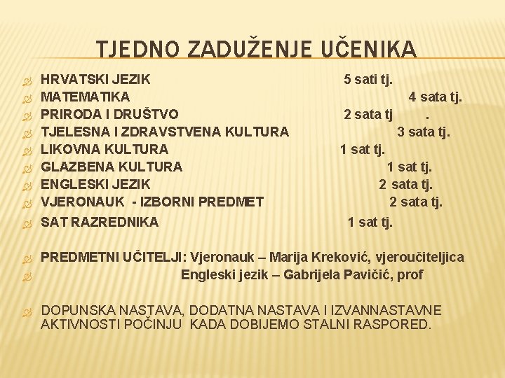 TJEDNO ZADUŽENJE UČENIKA HRVATSKI JEZIK MATEMATIKA PRIRODA I DRUŠTVO TJELESNA I ZDRAVSTVENA KULTURA LIKOVNA