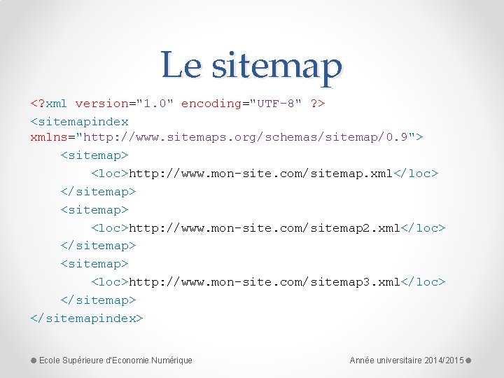 Le sitemap <? xml version="1. 0" encoding="UTF-8" ? > <sitemapindex xmlns="http: //www. sitemaps. org/schemas/sitemap/0.