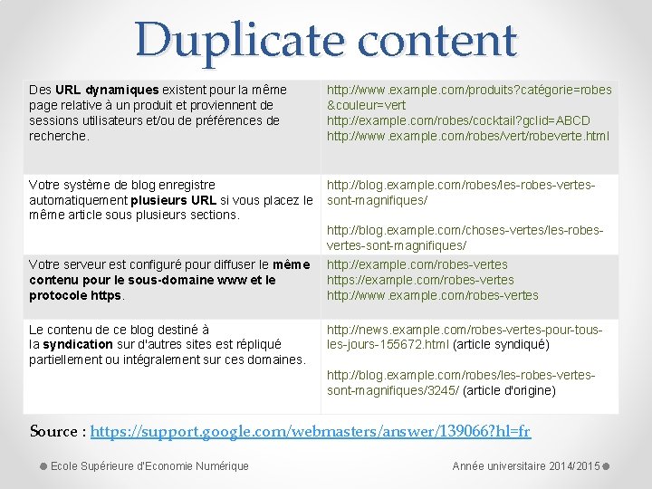 Duplicate content Des URL dynamiques existent pour la même page relative à un produit