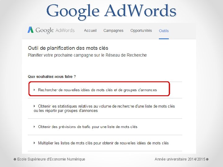 Google Ad. Words Ecole Supérieure d'Economie Numérique Année universitaire 2014/2015 