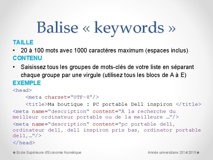 Balise « keywords » TAILLE • 20 à 100 mots avec 1000 caractères maximum