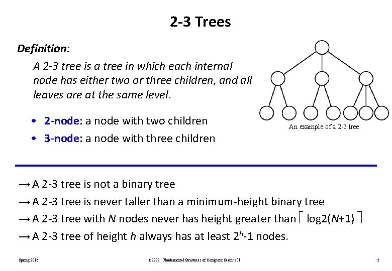 2 -3 Trees Definition: A 2 -3 tree is a tree in which each 2 -3 Trees Definition: A 2 -3 tree is a tree in which each
