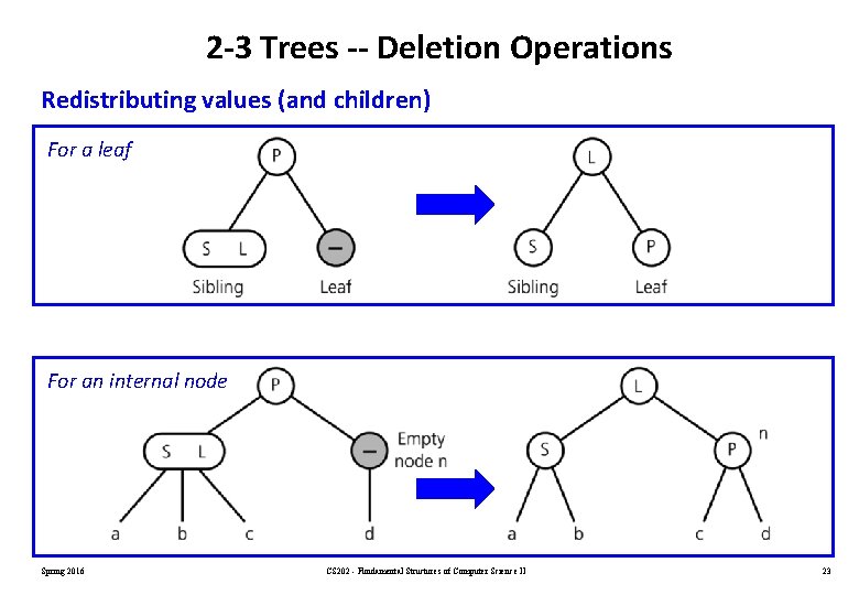 2 -3 Trees -- Deletion Operations Redistributing values (and children) For a leaf For 2 -3 Trees -- Deletion Operations Redistributing values (and children) For a leaf For