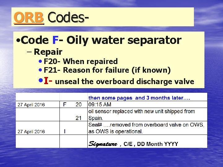 ORB Codes • Code F- Oily water separator – Repair • F 20 -